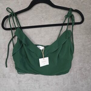 RIHOAS Crop Top Women Medium Forest Green Ruffle Crochet Hem Chiffon Festival